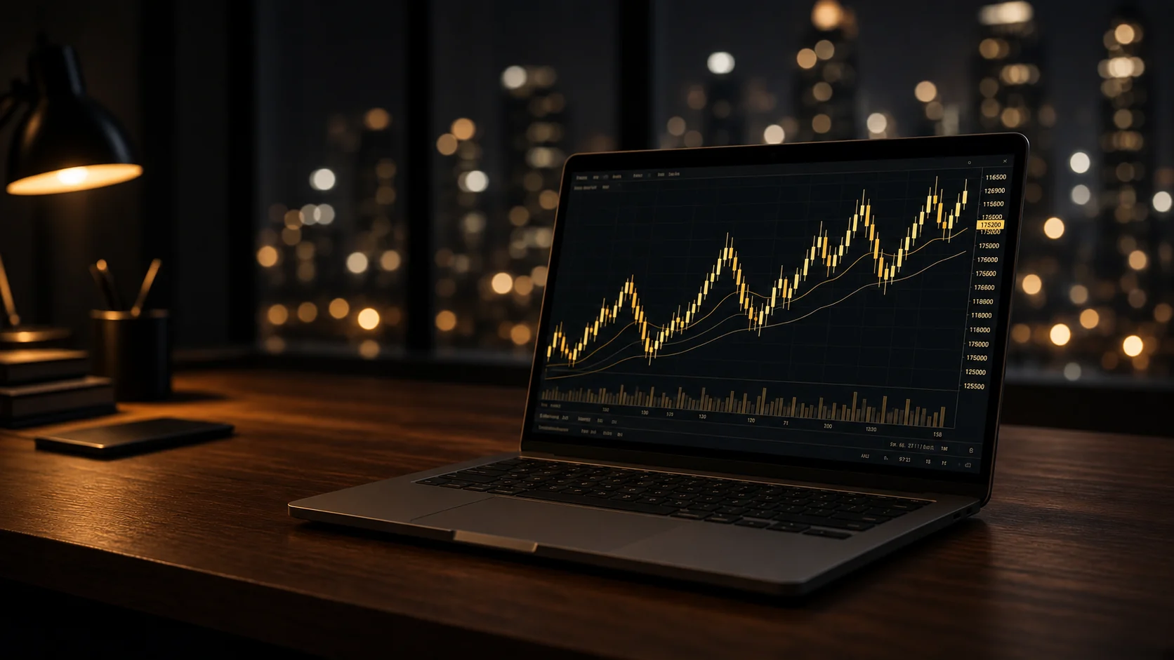 Trading-Arbeitsplatz mit einem Laptop an einem Chart